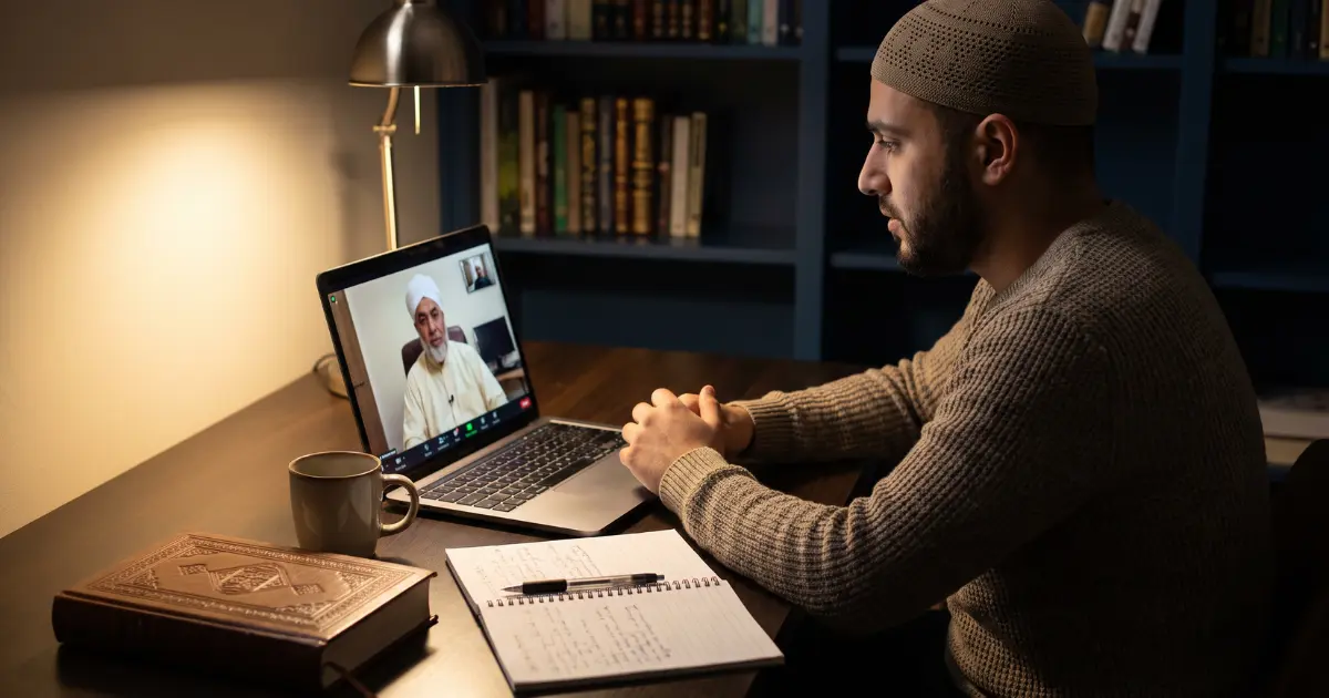 An adult student attending Islamic online classes at Daad Academy learning Quran, Tajweed, and Islamic Studies in a private one-on-one live session with a qualified teacher