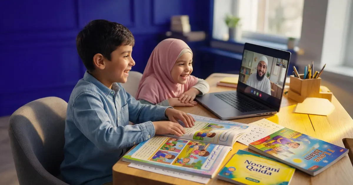 A child attending online Islamic classes at Daad Academy learning Quran, Fiqh, and Seerah with a qualified teacher in a private one-on-one live session
