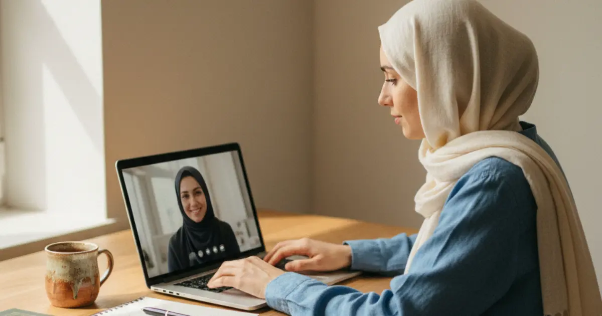 A Muslim lady attending an online Islamic Studies course at Daad Academy learning Wudu, Salah, and women's Fiqh with a qualified female Islamic teacher in a private live session