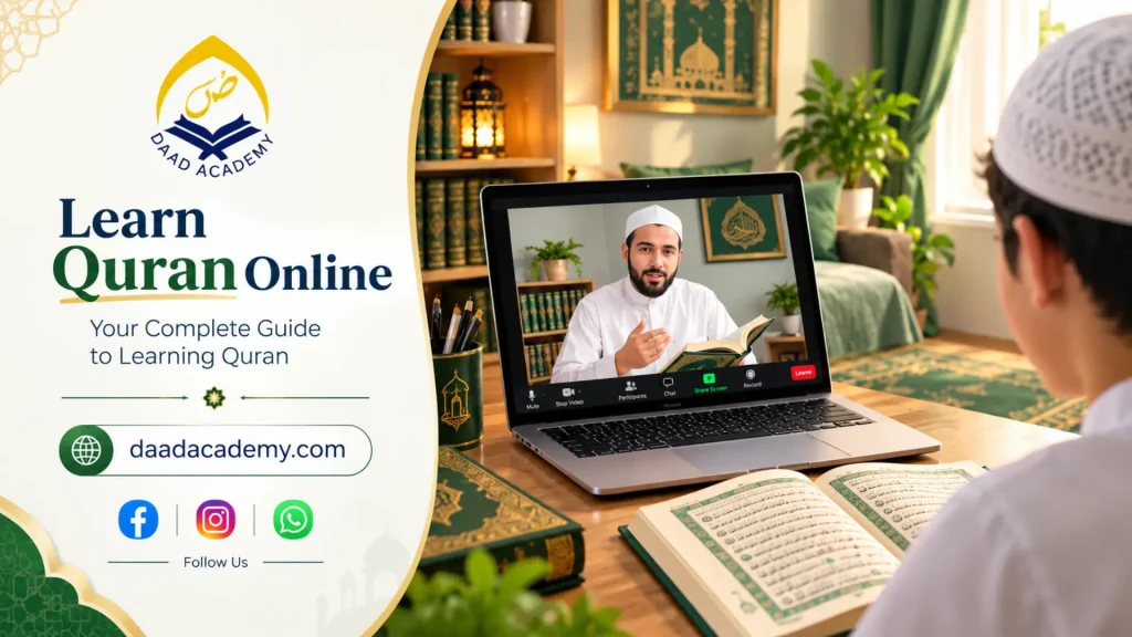 "Learn Quran online with DAAD Academy through live Quran lessons with qualified teachers, featuring a student studying the Quran from home."